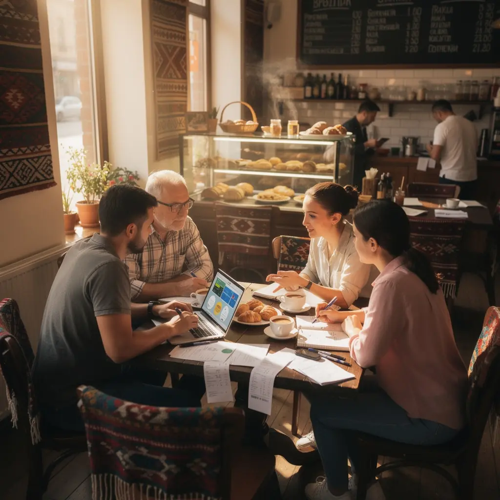Семейство, обсъждащо финансовите си цели на масата в кухнята.