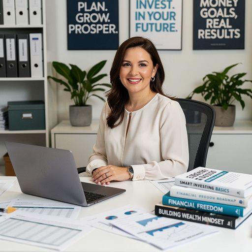 Книги за лични финанси, подредени на маса с чаша кафе.